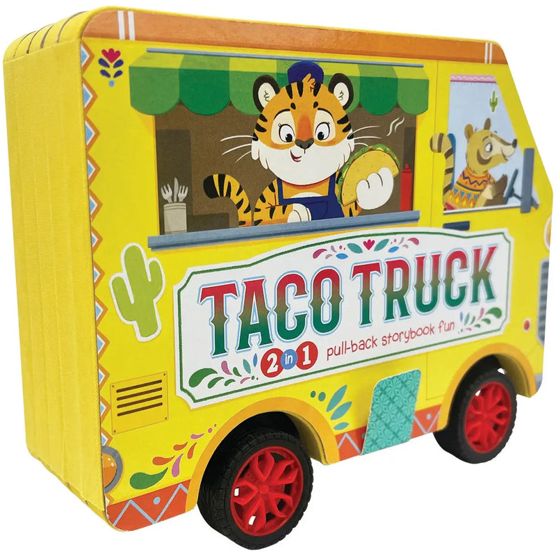 Taco Truck book shaped like a yellow food truck with a tiger character serving tacos