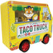 Taco Truck book shaped like a yellow food truck with a tiger character serving tacos