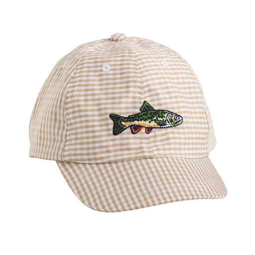 Checkered cap with a fish emblem on a white background