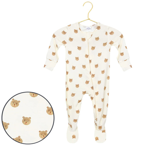 Lou Lou & Co Teddy zipper footie in cream with brown teddy bear print, with fabric swatch