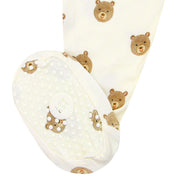 Close-up of the Lou Lou & Co Teddy footie feet with non-slip grip soles and teddy bear print