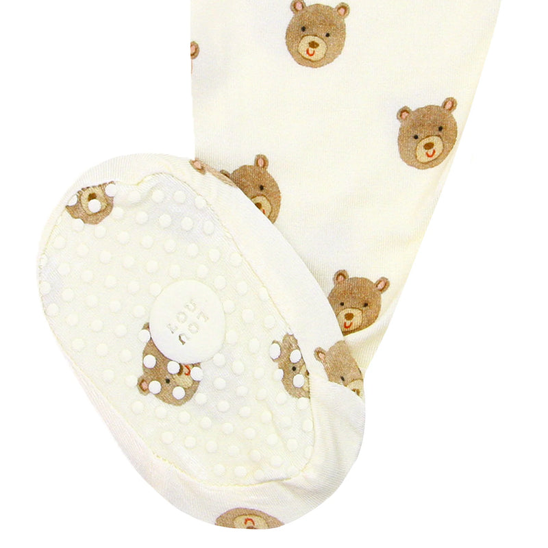 Close-up of the Lou Lou & Co Teddy footie feet with non-slip grip soles and teddy bear print