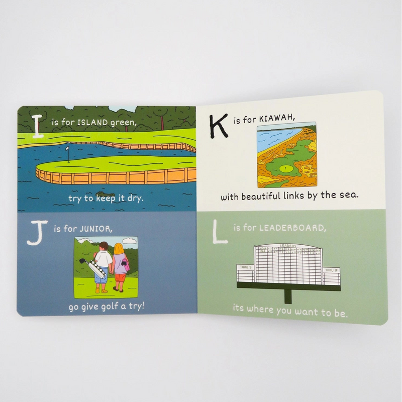 Set of four playing cards with golf-themed illustrations and text on a white background