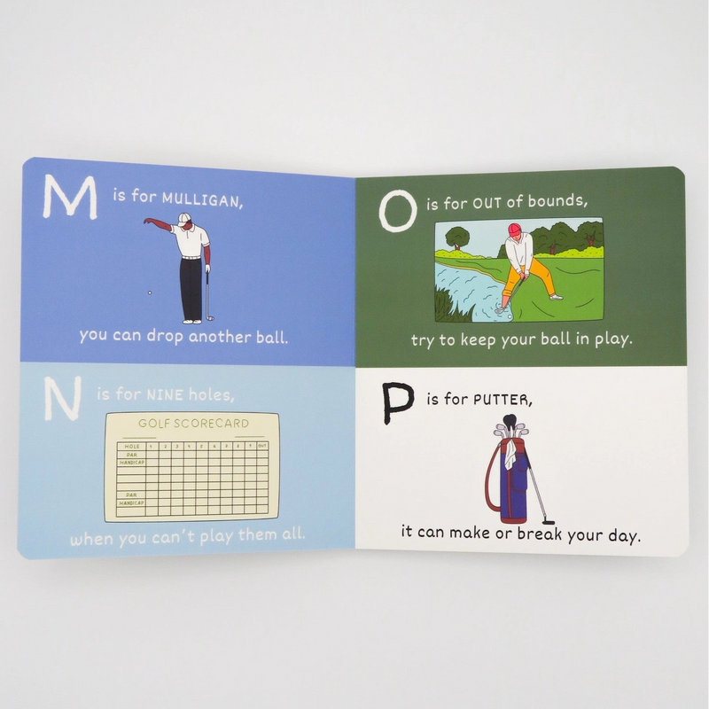 Educational children's book about golf with illustrations and text on a light gray background