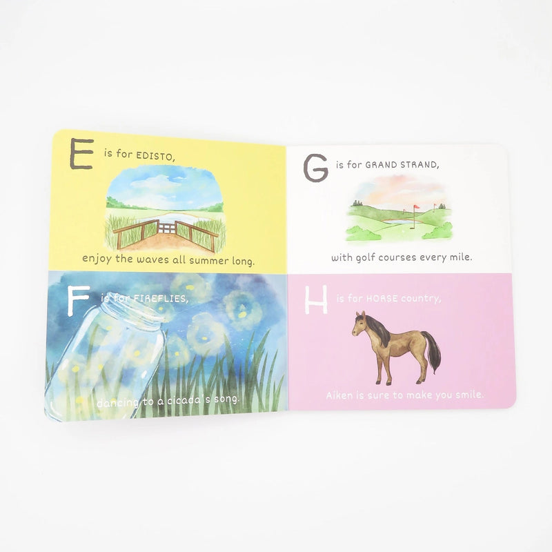 Four colorful cards with letters E, G, F, and H and corresponding illustrations on a white background.