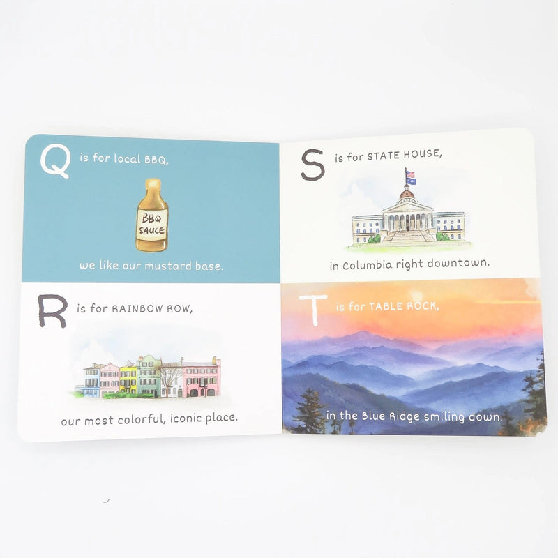 Four cards with scenic illustrations and text on a white background