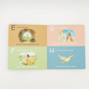 A rectangular children's educational card or book page with a four-panel Easter-themed design, showing letters E through H with small illustrations and short text on a light neutral background.