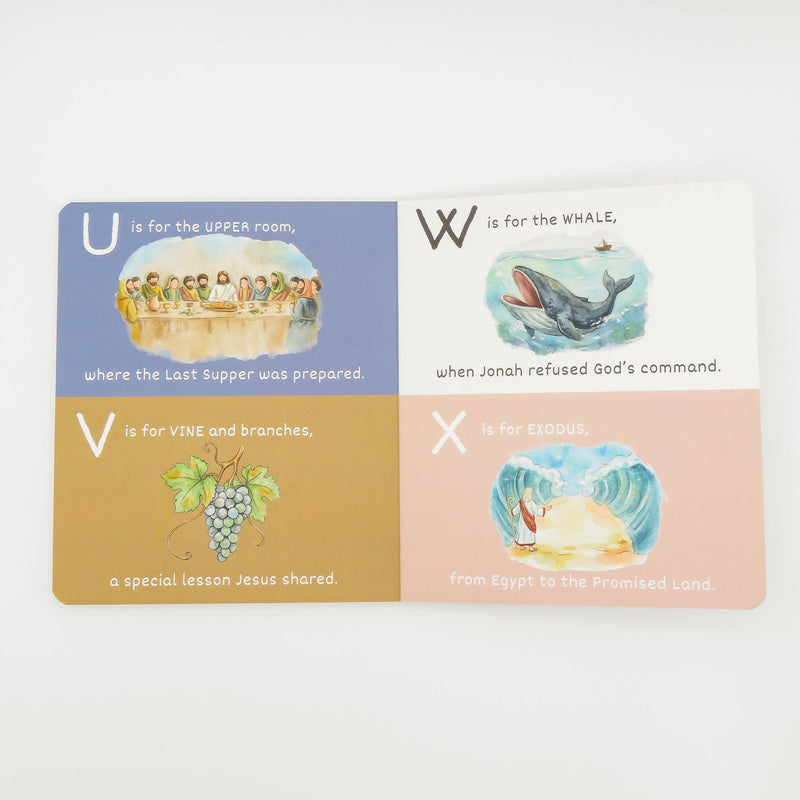 A rectangular educational card set laid flat on a light gray background. The cards are divided into four color sections: blue, white, tan, and pink, each with a letter (U, W, V, X) and a small illustrated scene with text explaining the letter's meaning.