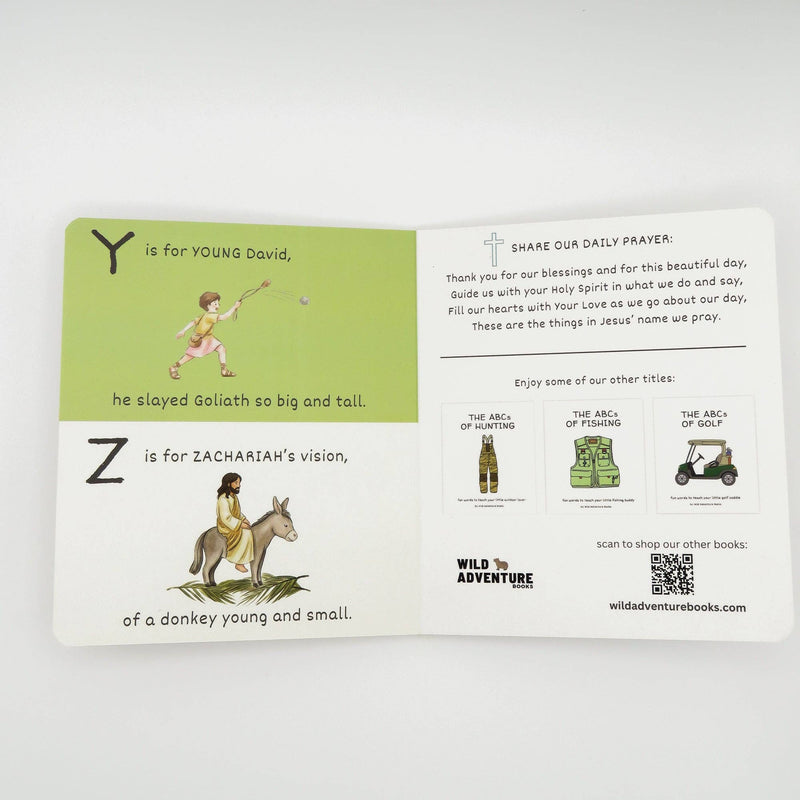 An open children's prayer booklet or devotional card laid on a light gray background. The left page has a pale green header with the letter Y and text about Young David, plus a small illustration.