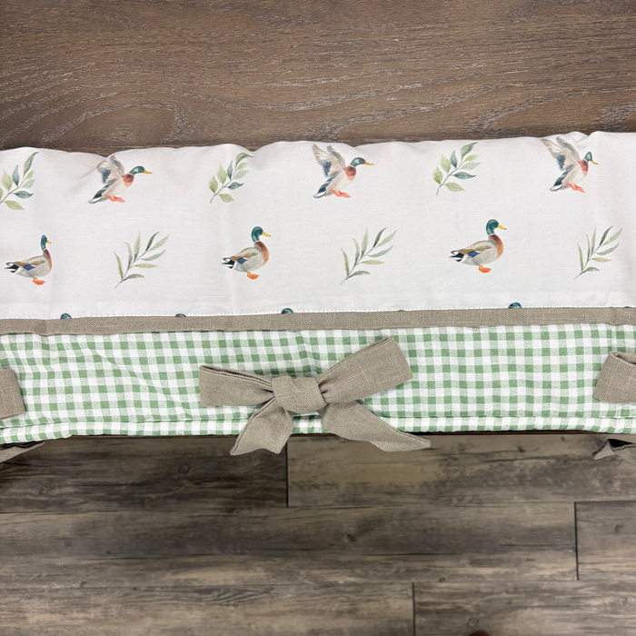 Custom Bedding | Crib Rail Cover | Mallard Duck & Green Gingham w/ Taupe Linen Fabric & Square Knot Bow Ties | Floor Model