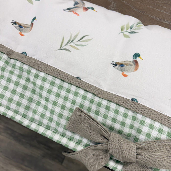 Custom Bedding | Crib Rail Cover | Mallard Duck & Green Gingham w/ Taupe Linen Fabric & Square Knot Bow Ties | Floor Model