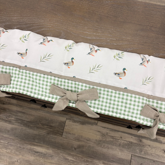 Custom Bedding | Crib Rail Cover | Mallard Duck & Green Gingham w/ Taupe Linen Fabric & Square Knot Bow Ties | Floor Model