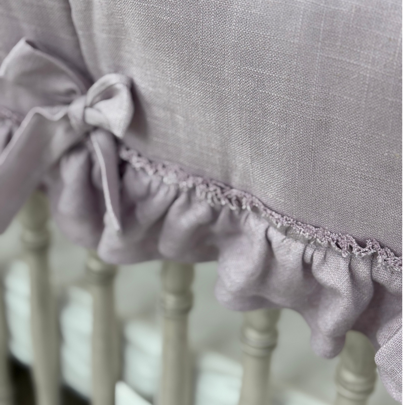 Custom Bedding | Crib Rail Cover | Lilac Shabby Linen w/ Ruffle | Floor Model