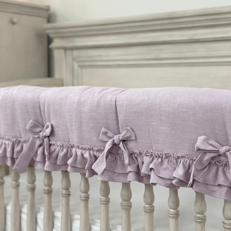 *Custom Bedding | PREORDER | Teething Crib Rail Cover | Linen W/ Shabby Double Ruffle & Ties