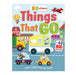 Cover of “Big Stickers: Things That Go,” featuring colorful vehicles including a bus, race car, hot air balloon, and airplane, set against a cheerful town backdrop. Text reads “BIG stickers Things That GO with a giant fold-out scene.”