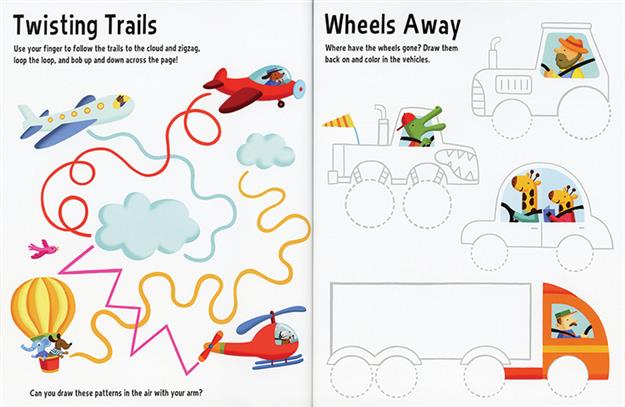 Interior activity pages showing a vehicle-themed maze and a spot-the-difference style activity. Includes illustrations of cars, a fire truck, and a hot air balloon.