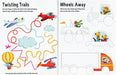 Interior activity pages showing a vehicle-themed maze and a spot-the-difference style activity. Includes illustrations of cars, a fire truck, and a hot air balloon.