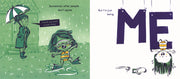 Illustrated book cover with a character holding an umbrella and another character splashing in water, with text and a logo.