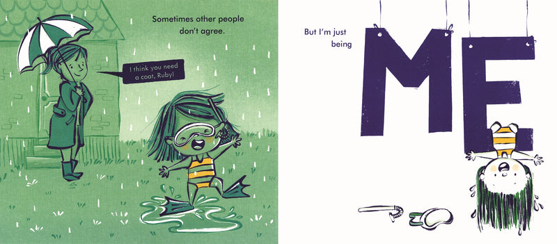 Illustrated book cover with a character holding an umbrella and another character splashing in water, with text and a logo.