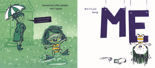 Illustrated book cover with a character holding an umbrella and another character splashing in water, with text and a logo.