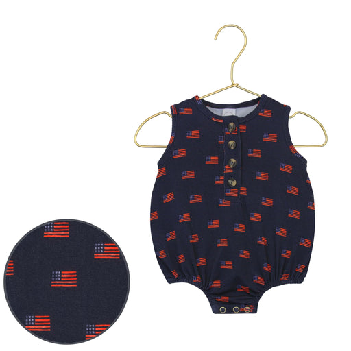 Navy baby romper on a hanger with close-up of fabric texture.