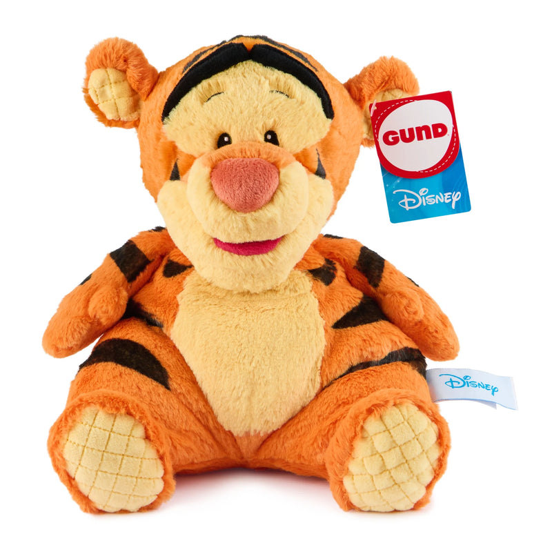 Plush toy tigger with GUND and Disney tags on a white background