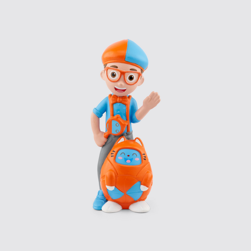 Blippi Tonie figure with orange-and-blue backpack, white background