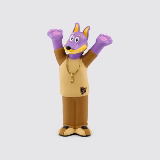Tonies Doggyland Bow Wizzle audio character figure, a purple dog with arms raised