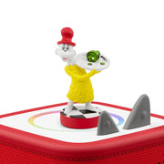 Sam-I-Am Dr. Seuss Green Eggs and Ham Tonie figurine holding a plate of green eggs and ham, standing on top of a red Toniebox, on a white background