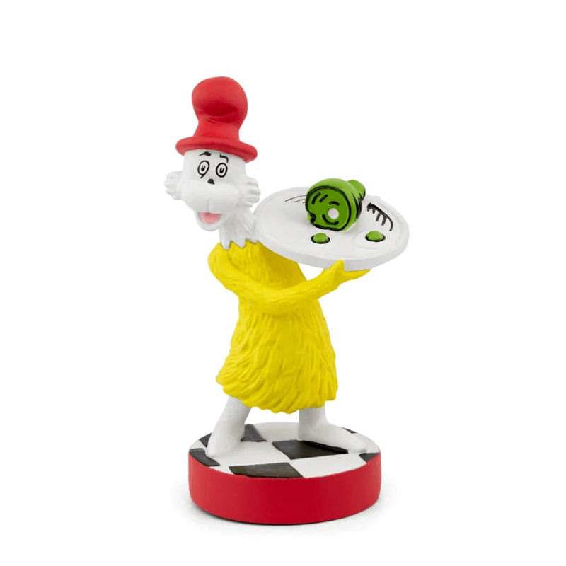 Sam-I-Am Dr. Seuss Green Eggs and Ham Tonie figurine holding a plate of green eggs and ham, on a white background