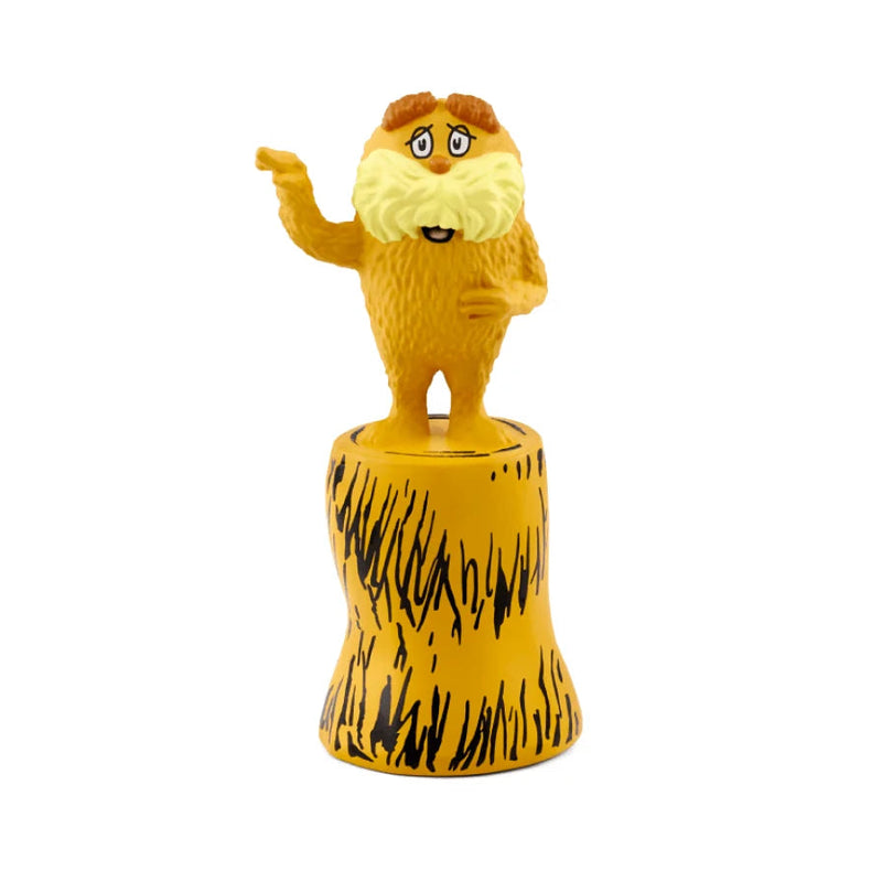 A Dr. Seuss-themed collectible figurine of the Lorax standing on a tree stump, featuring its signature yellow body, white beard, and brown eyes, set against a plain white background.