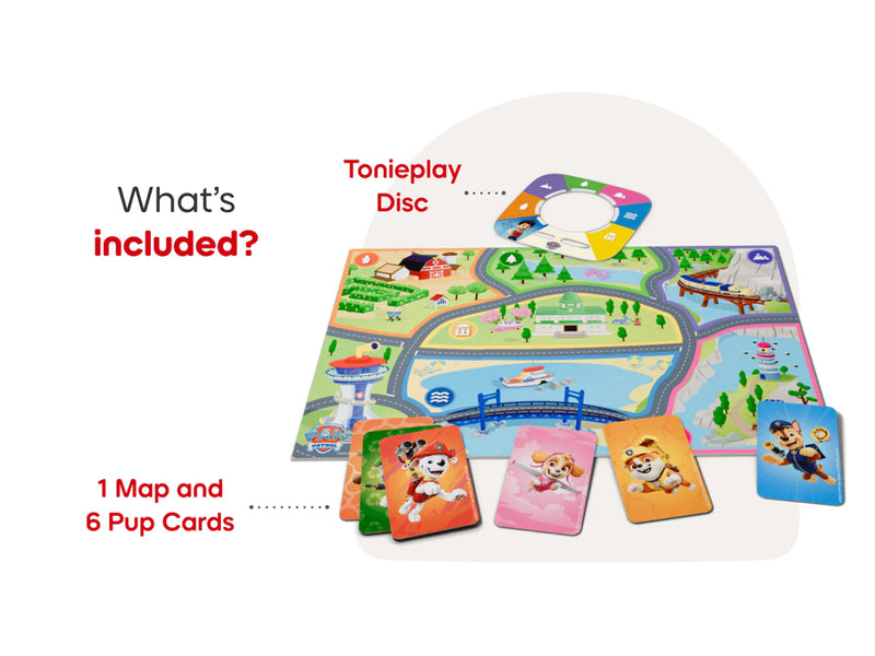 What’s in the set layout showing Tonieplay disc, six pup cards, map, manual, and controller