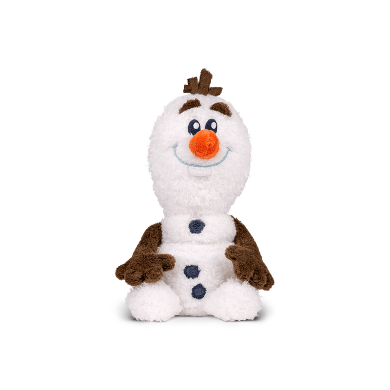 Plush toy resembling a snowman with a carrot nose and brown boots on a white background