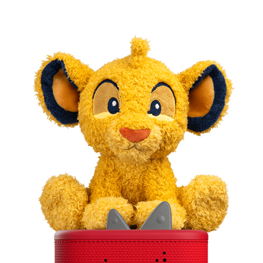 Plush toy of a lion character with a red base on a white background