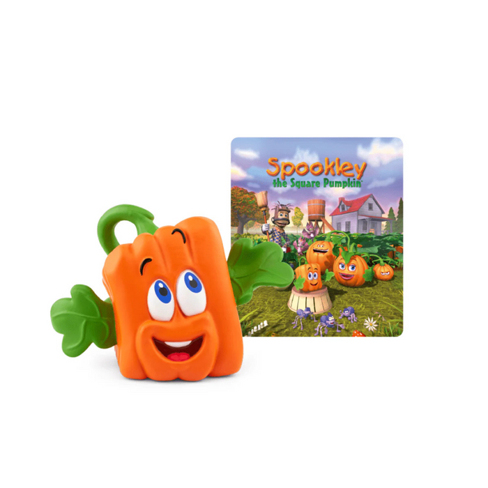 Toy figure of a pumpkin with a face and green leaves, next to a 'Spookley the Square Pumpkin' book cover.