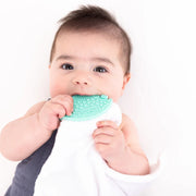 Baby holding a green and white teething toy against a white background