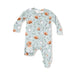 Light sage-green convertible romper laid flat on a white background featuring an allover football-themed print with footballs, play diagrams, helmets, and goalposts.