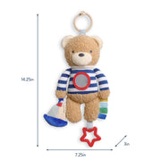 Bitzy Traveler sensory toy shown hanging with labeled dimensions