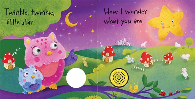Illustration from a children's book with an owl, stars, and mushrooms on a purple background.