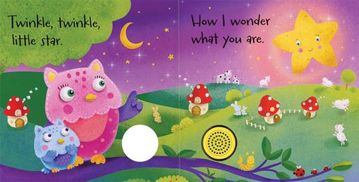 Illustration from a children's book with an owl, stars, and mushrooms on a purple background.