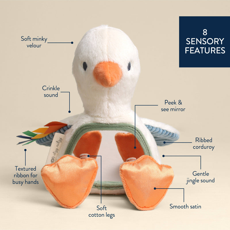 Plush toy with sensory features labeled on a beige background