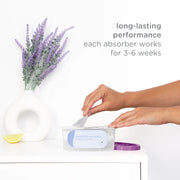 Person taking a moisture absorber from a container with lavender and lemon on a white background