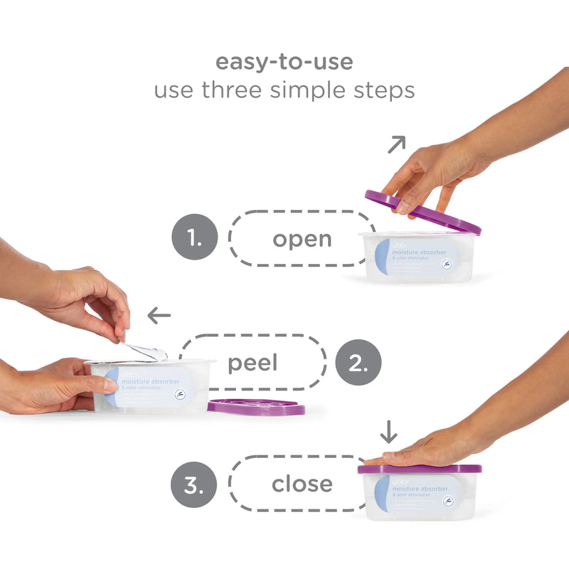 Step-by-step guide on using a container with a purple lid, showing open, peel, and close actions.