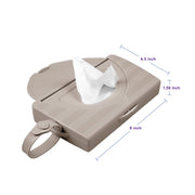 Ubbi On-the-Go Wipes Dispenser open with a wipe showing, measuring 8 by 4.5 by 1.38 inches