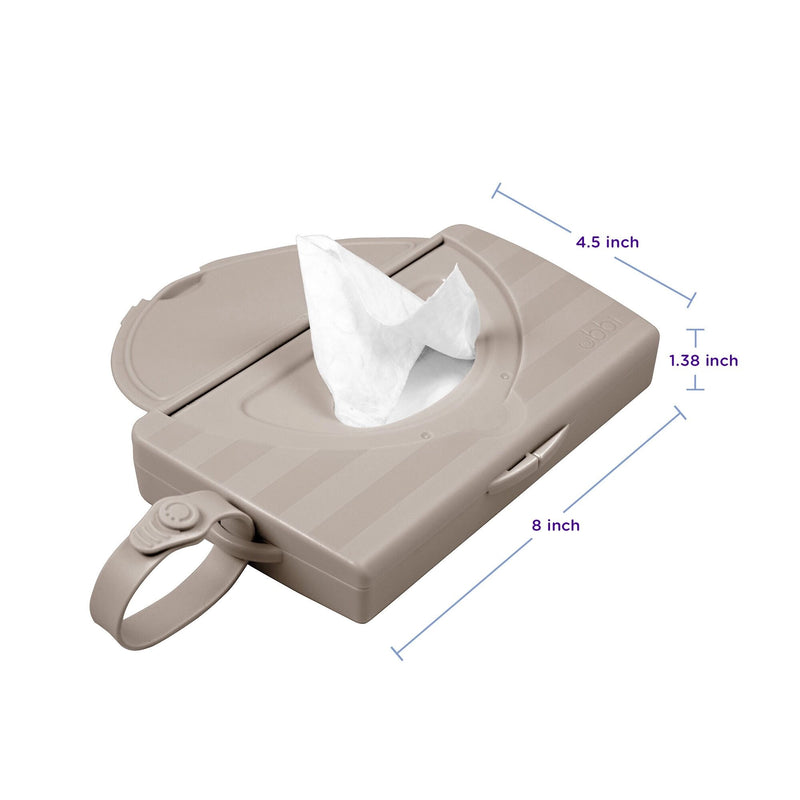 Ubbi On-the-Go Wipes Dispenser open with a wipe showing, measuring 8 by 4.5 by 1.38 inches
