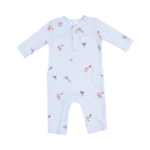 Light blue long-sleeve uni romper laid flat on a gray background, featuring an allover fly-fishing lure print in orange, navy, and soft gray.