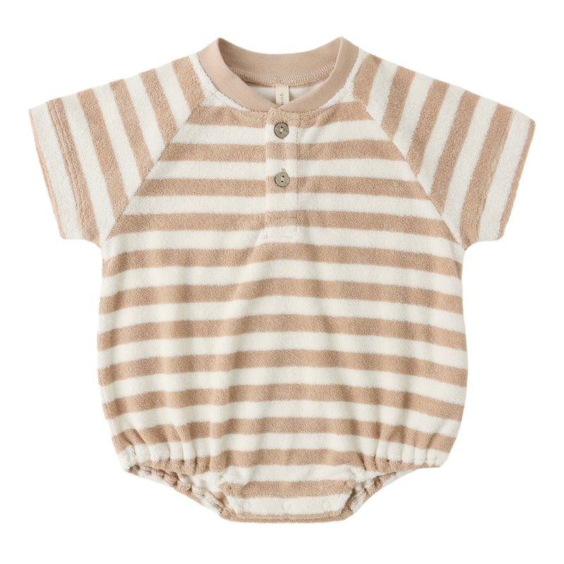 Striped baby romper with short sleeves on a white background