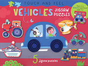 Vehicles Touch and Feel Jigsaw Puzzle set displaying five small vehicle-themed puzzles and the matching board book inside the box