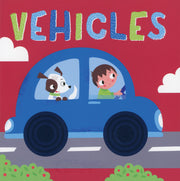 Vehicles Touch and Feel Jigsaw Puzzles box cover featuring a child and dog riding in a blue car with bold, colorful illustrations