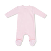 Back of the same pink velour footie showing the full body and footed design.